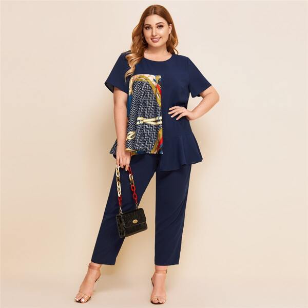 

Plus Contrast Scarf Print Asymmetrical Hem Top & Pants Set, Navy blue