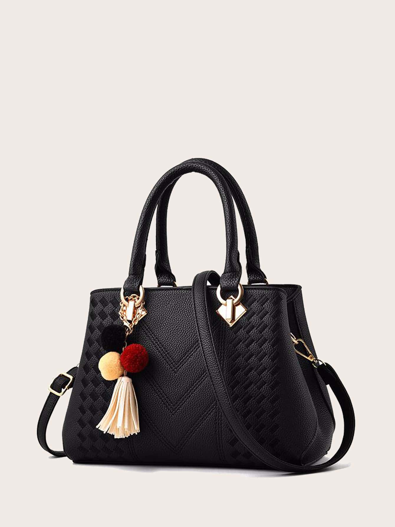 Tas Sekolah Rumbai Plaid Hitam - Hitam - View 1