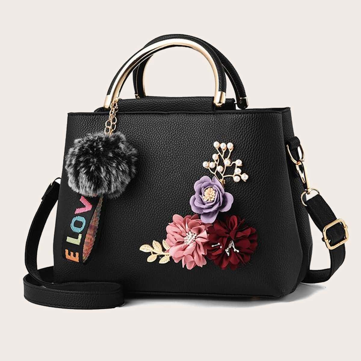 

Flower Appliques Satchel Bag, Black