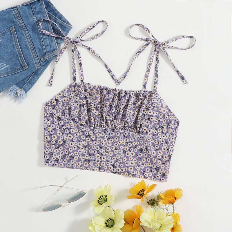 

Tie Shoulder Ruched Bust Shirred Back Crop Top, Lilac purple