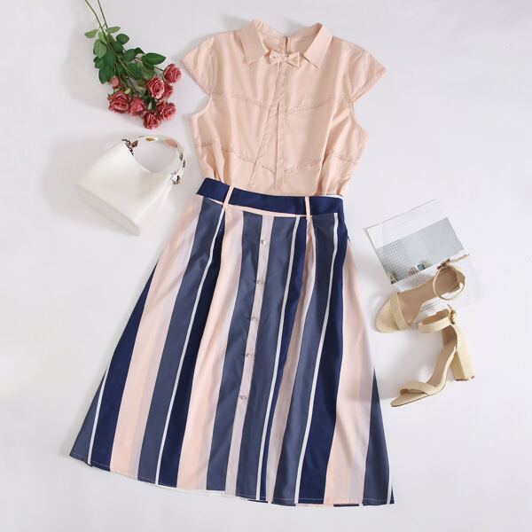 

Plus Bow Neck Top & Stripe Skirt, Multicolor
