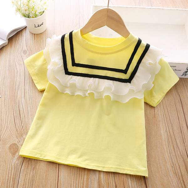 

Toddler Girls Contrast Pleated Ruffle Striped Tee, Yellow pastel