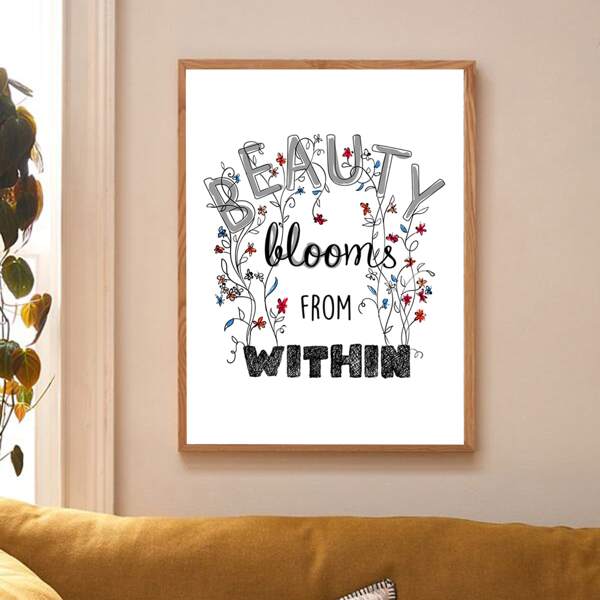 

Flower & Slogan Graphic Wall Print Without Frame, Black and white