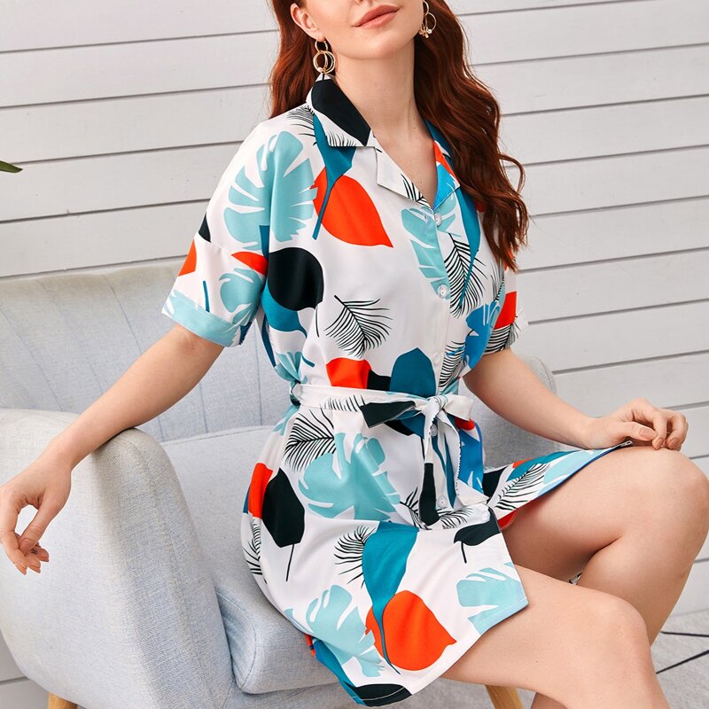 

Allover Tropical Belted Night Shirt Dress, Multicolor