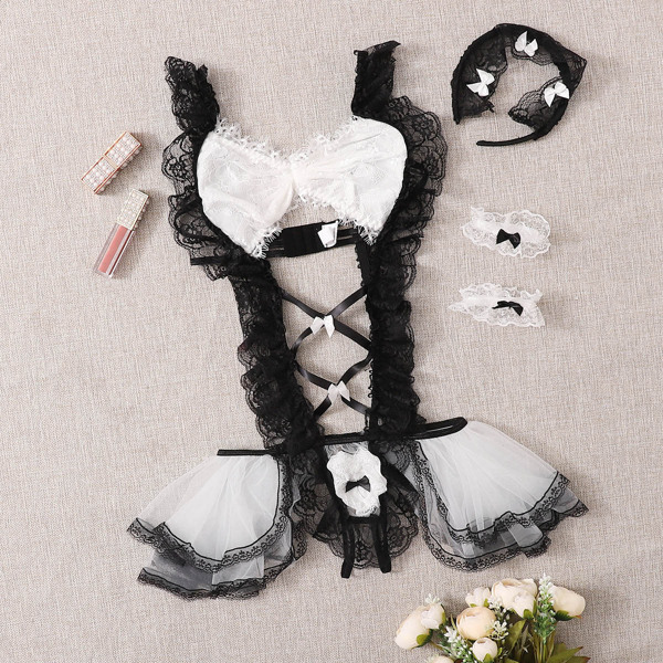 

Ruffle Lace Teddy Bodysuit With Wristband, Black and white