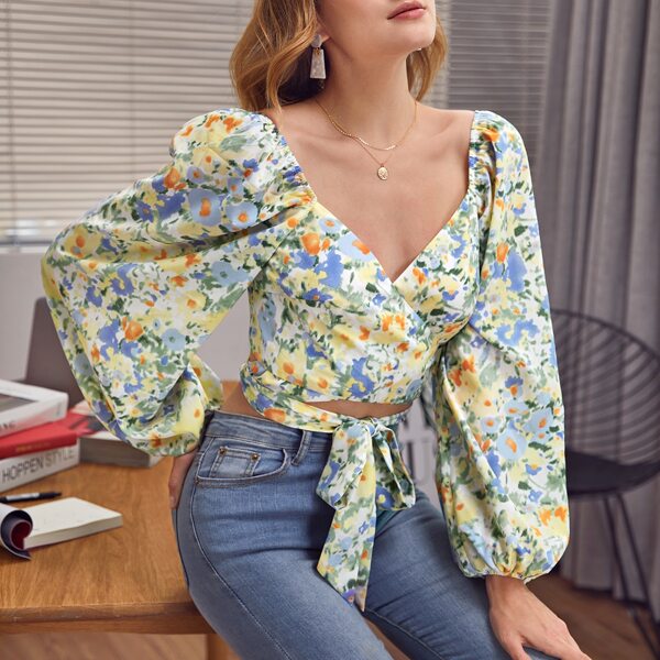

Lantern Sleeve Wrap Belted Floral Top, Multicolor