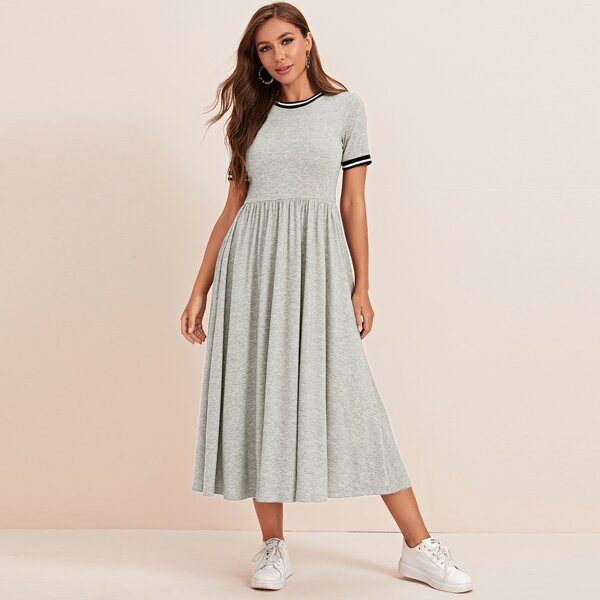 

Contrast Striped Trim Marled Knit Dress, Grey