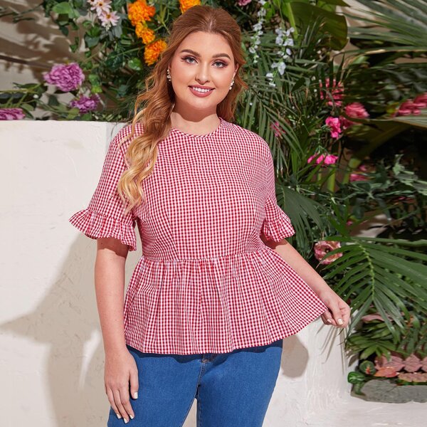 

Plus Gingham Flounce Sleeve Babydoll Blouse, Red