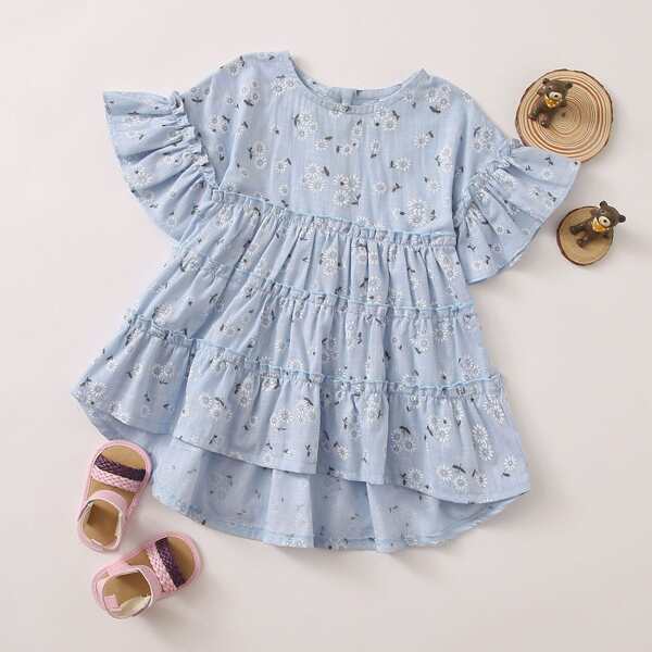 

Baby Floral Pattern Flounce Sleeve Layered Smock Dress, Blue