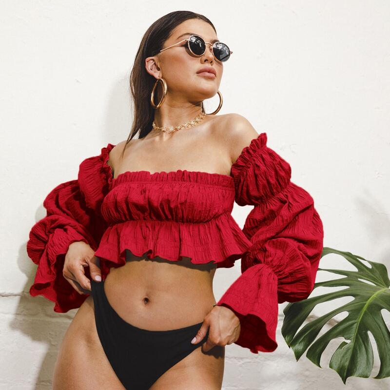 

Off Shoulder Gathered Sleeve Peplum Top, Red