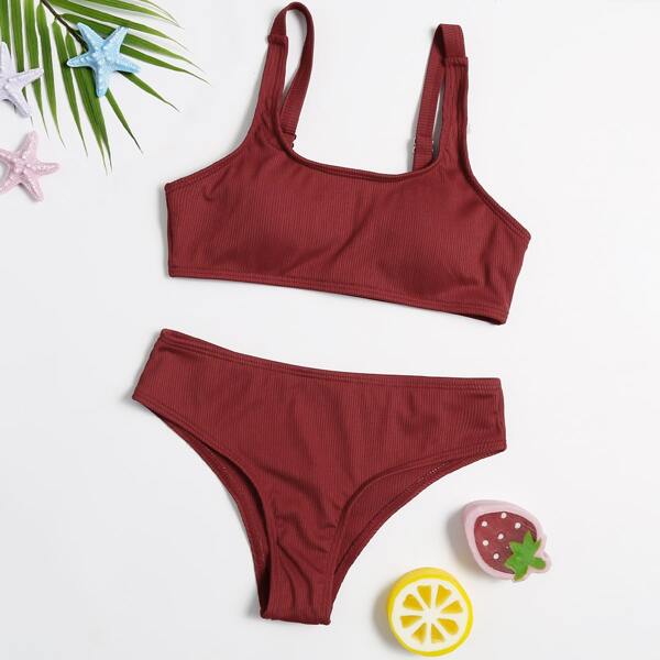 

Girls Solid Rib Bikini Swimsuit, Red