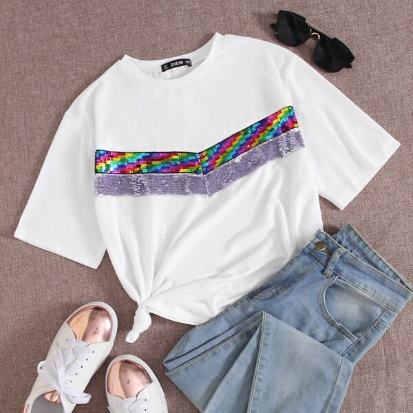 

Contrast Colorblock Sequin Chevron Tee, White