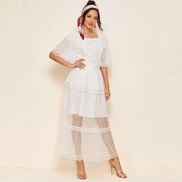

Tie Neck Lace Trim Dobby Mesh Hem Dress, White