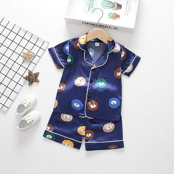 

Toddler Boys Cartoon Graphic Satin PJ Set, Navy blue