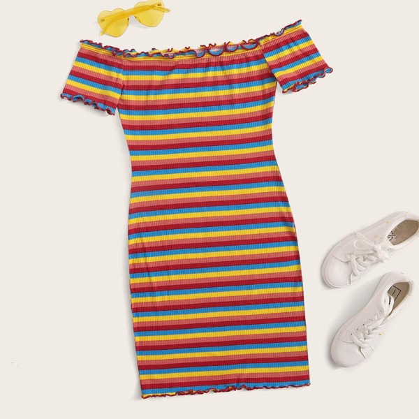 

Plus Lettuce Trim Rib-knit Rainbow Striped Dress, Multicolor