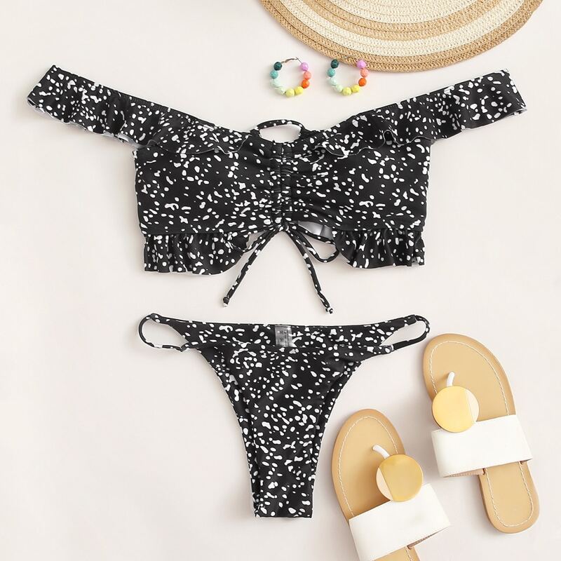 

Allover Print Ruffle Bardot Tanga Bikini Swimsuit, Black