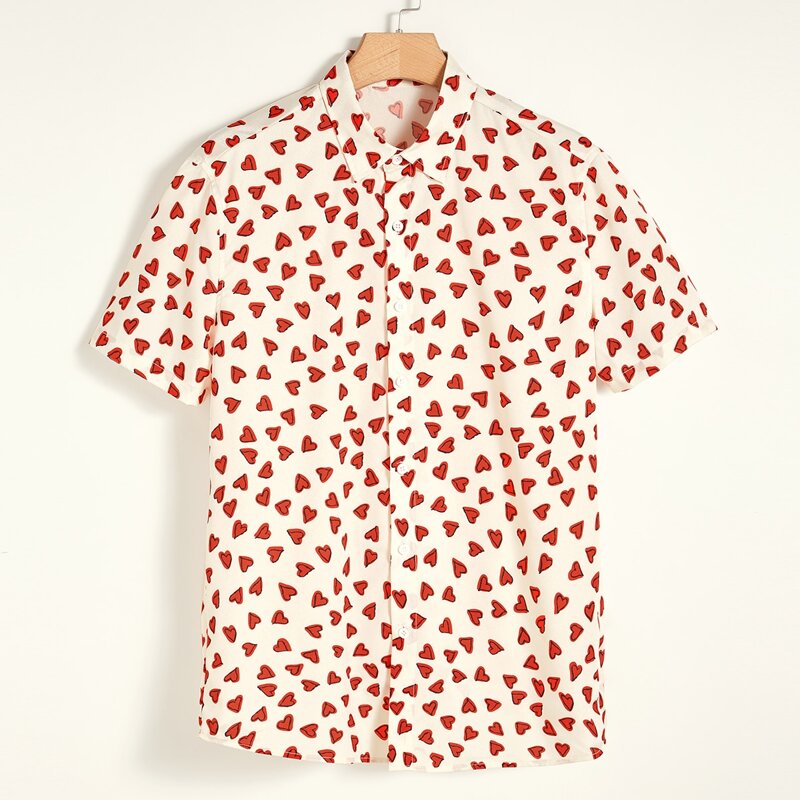 

Guys Allover Heart Print Shirt, Beige