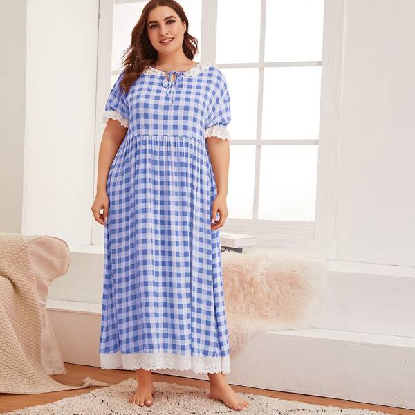 

Plus Tie Neck Schiffy Ruffle Trim Buffalo Plaid Nightdress, Blue
