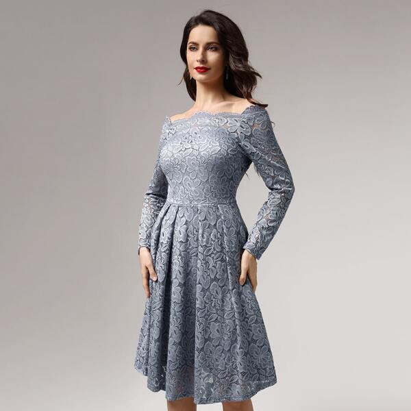 

Off Shoulder Boxy Pleated Floral Lace Dress, Blue pastel