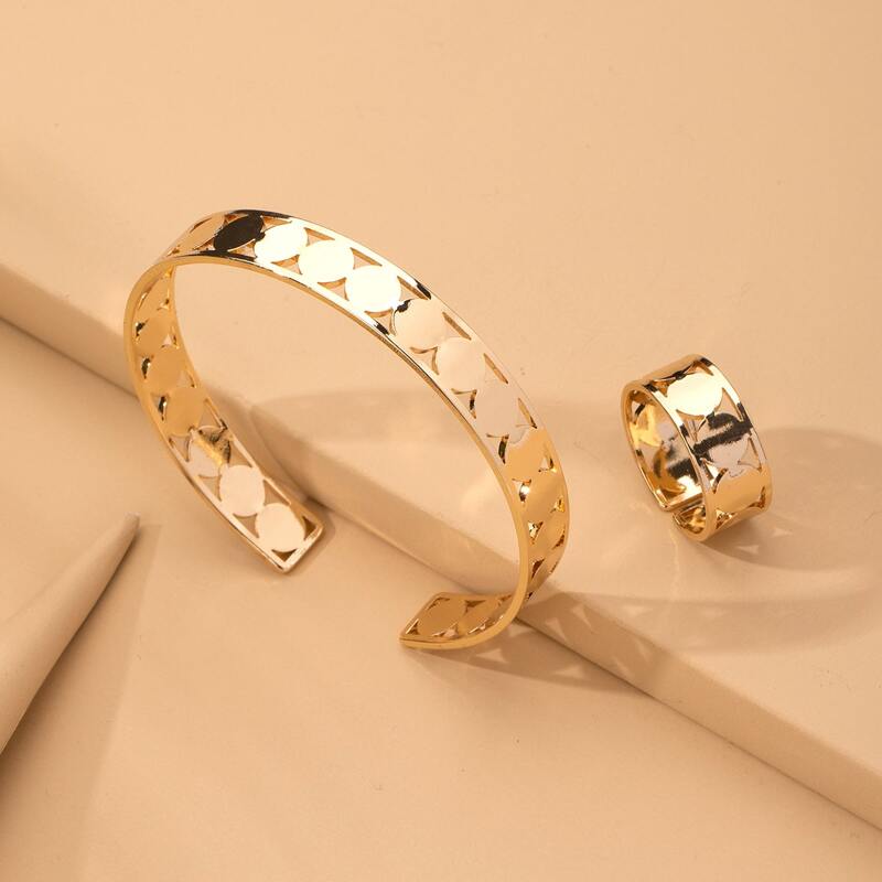 

2pcs Hollow Out Cuff Bangle & Ring, Gold