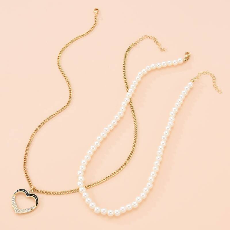 

2pcs Faux Pearl Beaded Necklace, Gold