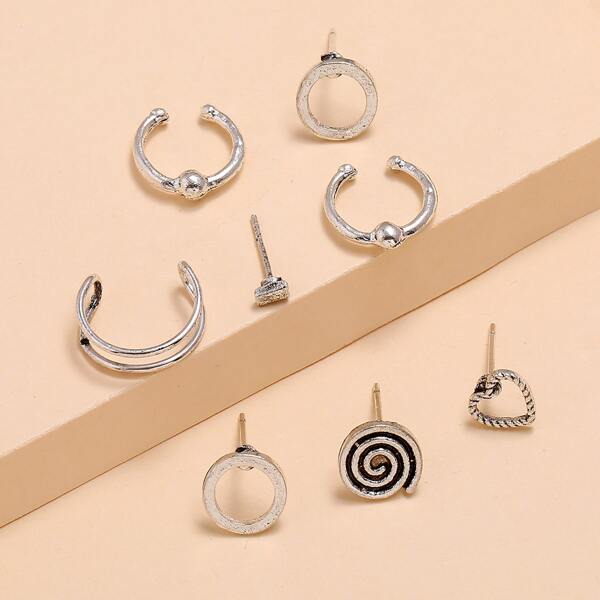 

8pcs Heart Shaped Earrings Set, Silver
