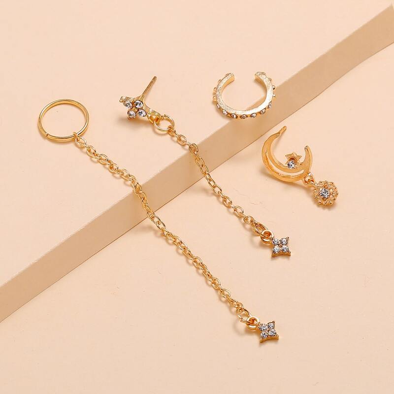 

4pcs Rhinestone Engraved Earrings Set, Gold