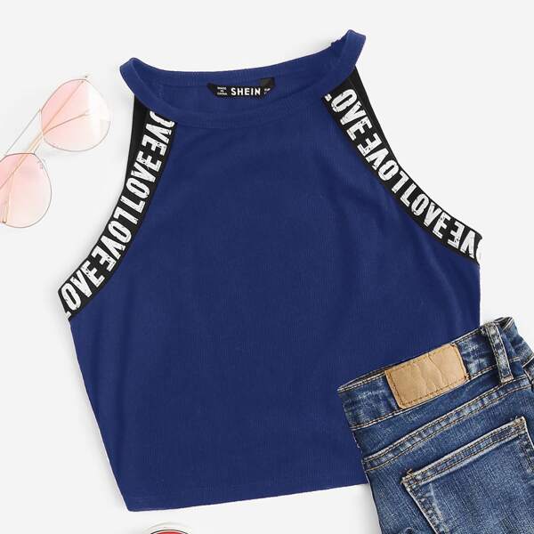 

Letter Tape Trim Rib-knit Halter Top, Blue