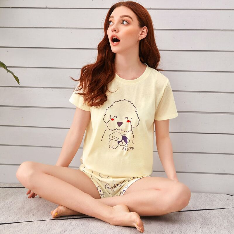 

Cartoon Dog & Letter Graphic PJ Set, Yellow pastel