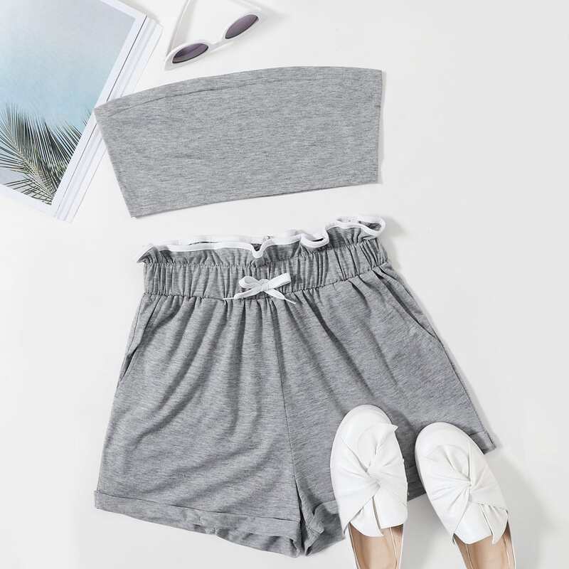 

Crop Tube Top & Paper Bag Waist Shorts, Grey
