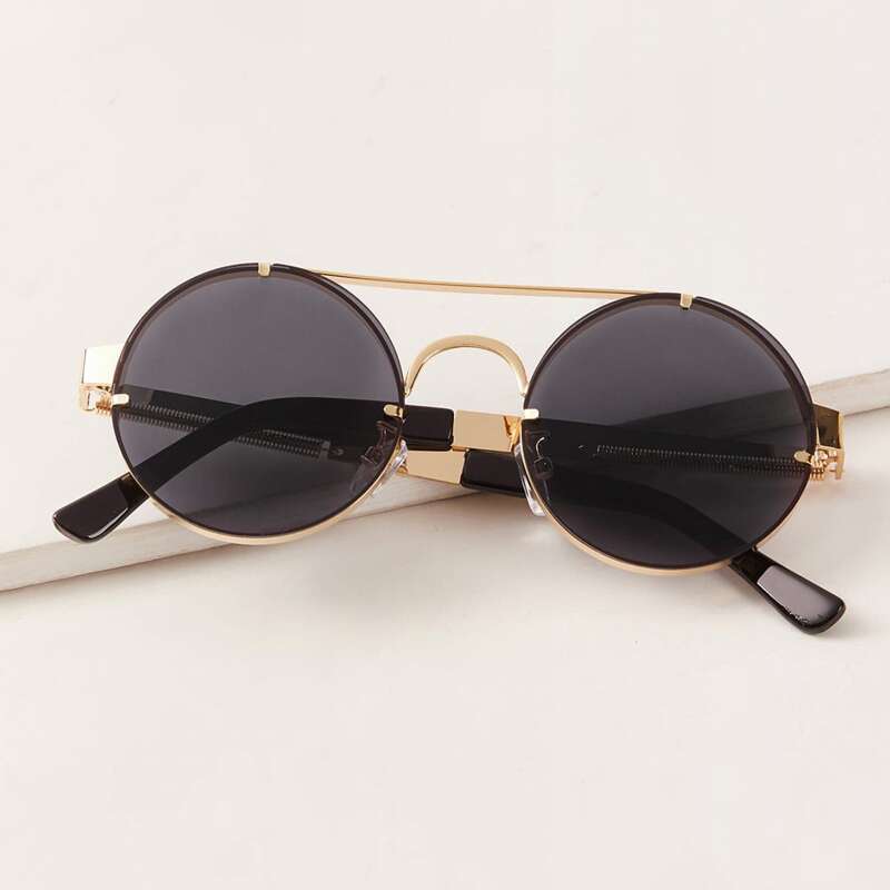 

Top Bar Round Frame Sunglasses With Case, Black