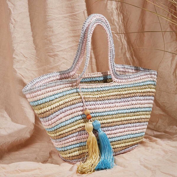 

Tassel Charm Colorful Woven Tote Bag, Multicolor