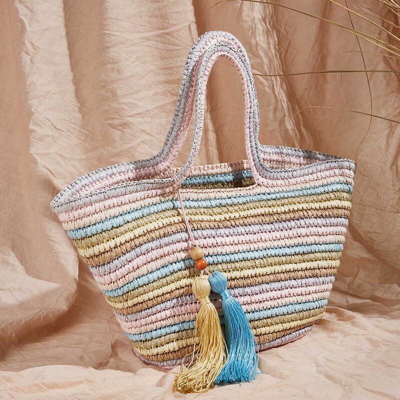 

Tassel Charm Colorful Woven Tote Bag, Multicolor