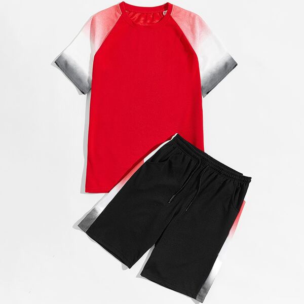

Men Ombre Raglan Sleeve Tee & Drawstring Shorts, Multicolor