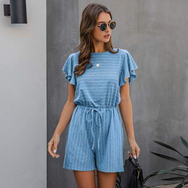 

Drawstring Waist Butterfly Sleeve Stripe Romper, Blue