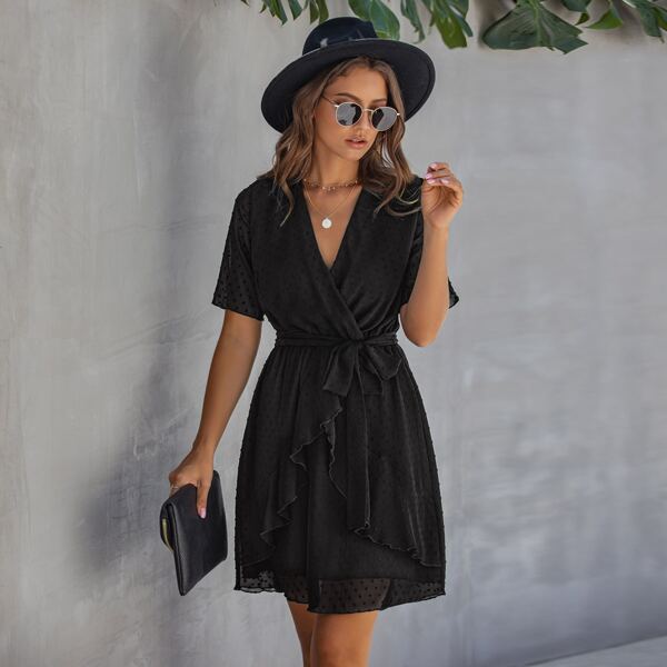 

Swiss Dot Ruffle Trim Belted Dress, Black