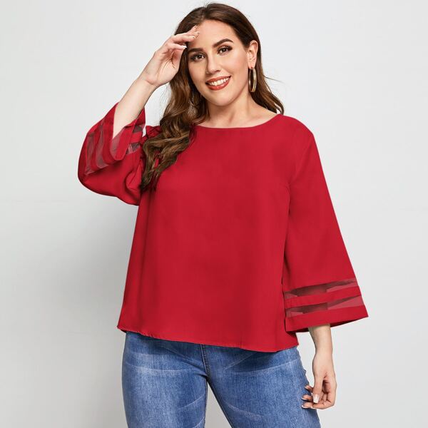 

Plus Mesh Insert Bell Sleeve Top, Red bright