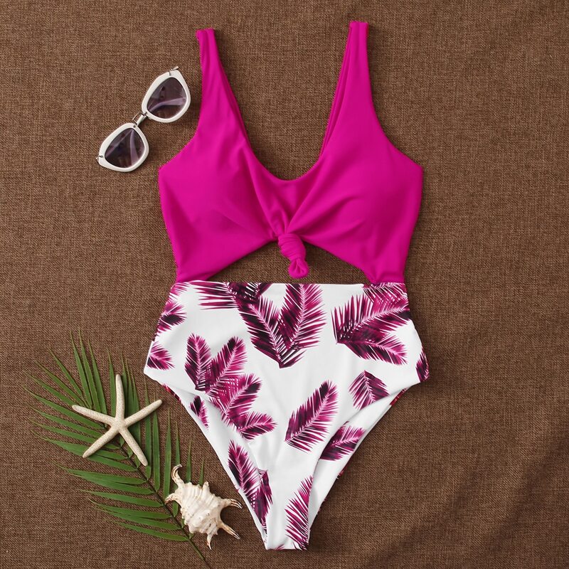 

Tropical Cut-out Knot Front One Piece Swimsuit, Hot pink