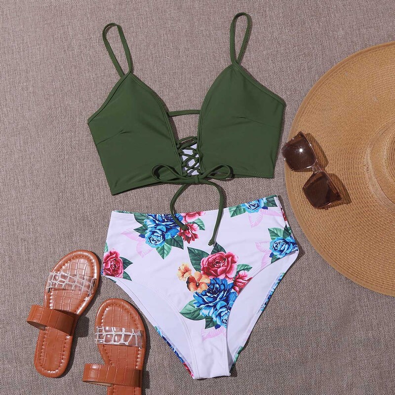 

Floral Lace-up High Waisted Bikini Swimsuit, Multicolor