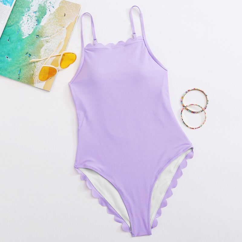 

Scallop Trim One Piece Swimsuit, Purple