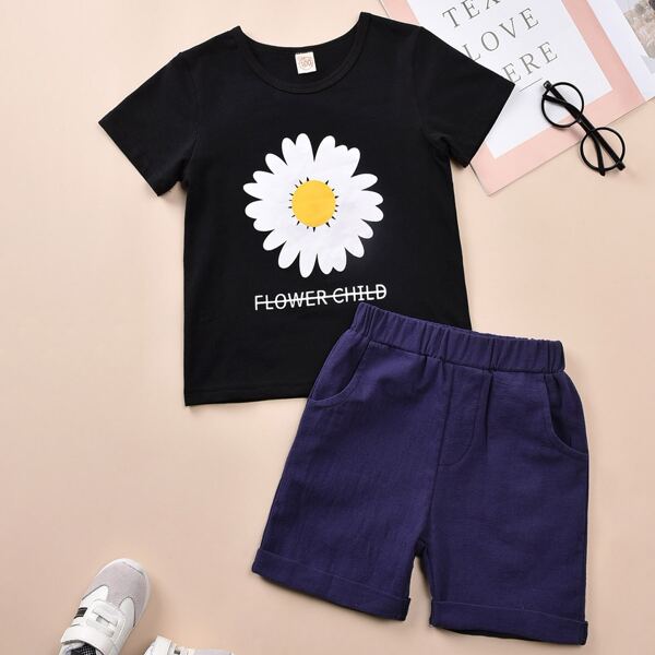 

Toddler Boys Daisy Floral Letter Graphic Tee With Shorts, Multicolor