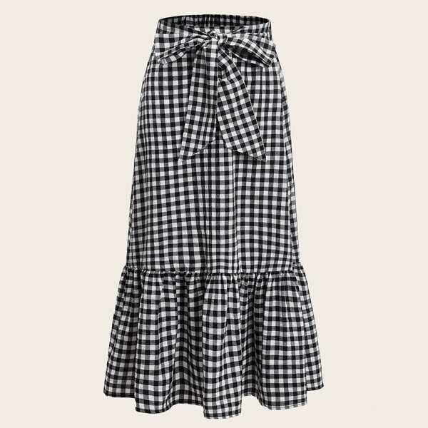 

Plus Ruffle Hem Knot Front Gingham Skirt, Black and white