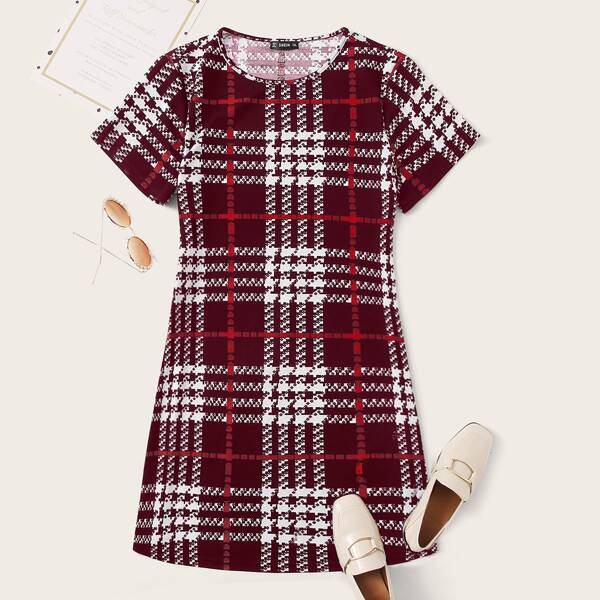 

Plus Round Neck Plaid Dress, Maroon