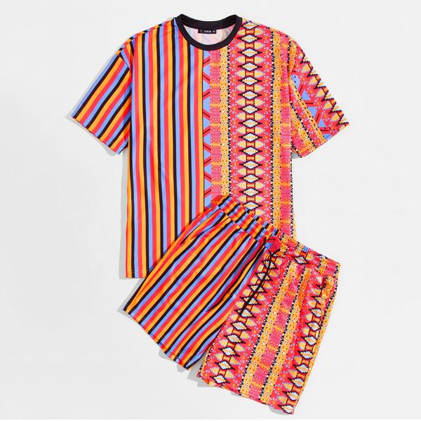 

Men Striped and Tribal Print Top & Shorts Set, Multicolor