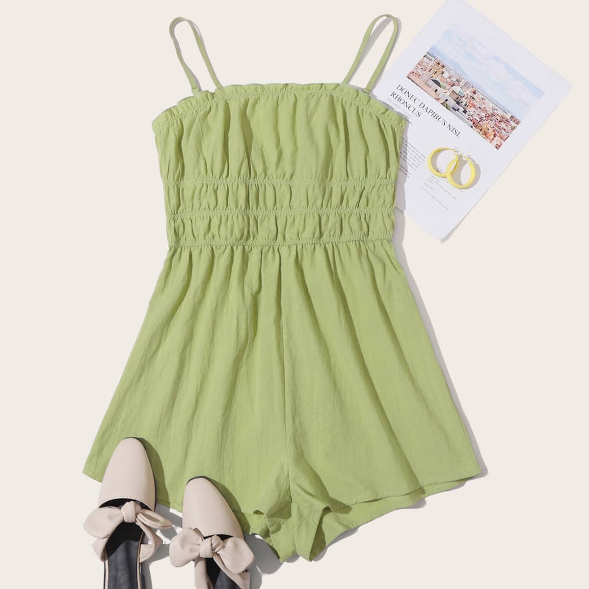 

Frill Trim Ruched Bust Slip Romper, Lime green