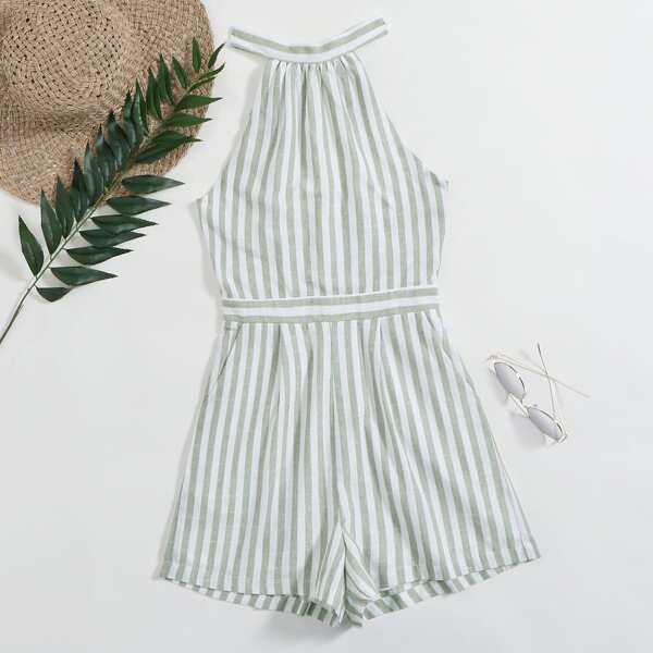 

Tie Back Slant Pocket Striped Halter Romper, Multicolor