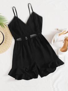 Contrast lace Trim Tie Back Cami Romper - Black - View 1