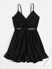 Contrast lace Trim Tie Back Cami Romper - Black - View 2