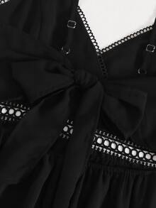 Contrast lace Trim Tie Back Cami Romper - Black - View 3