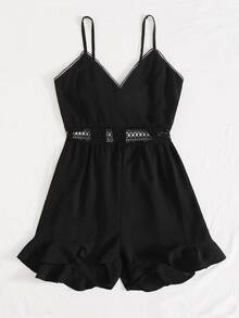 Contrast lace Trim Tie Back Cami Romper - Black - View 4